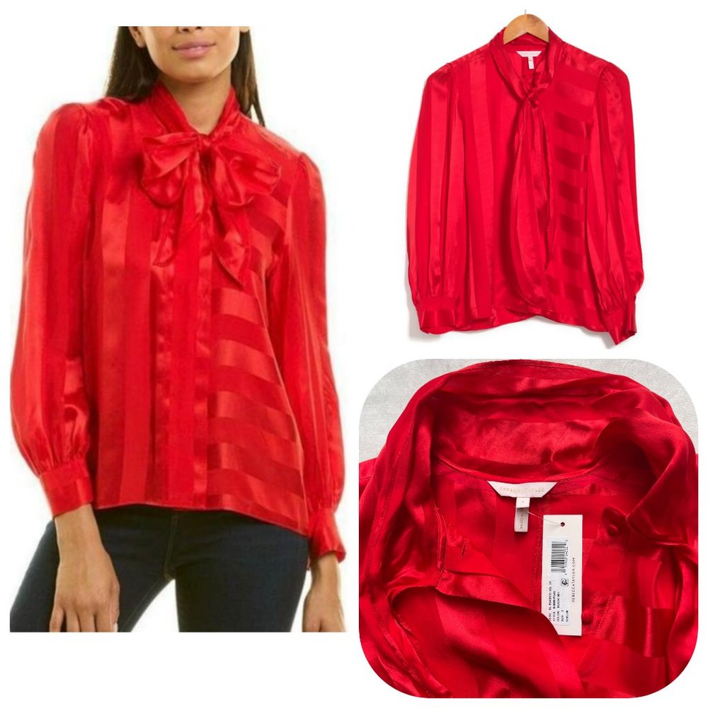 NWT Rebecca Taylor Red Stripe Tie Neck Silk Blouse